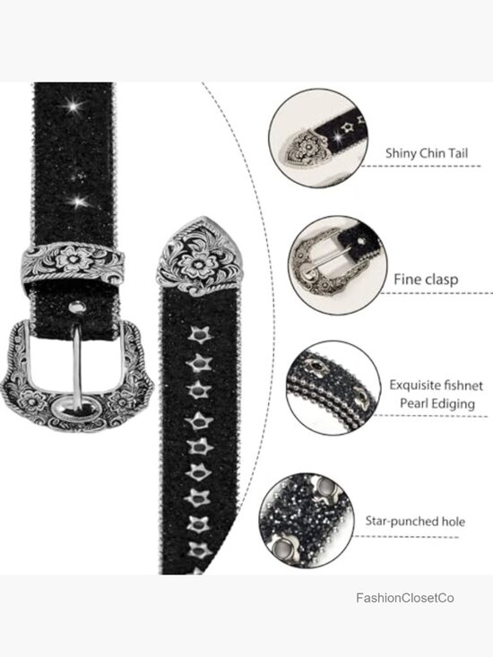 Rhinestone Studded PU Leather Belt with Engraved Buckle